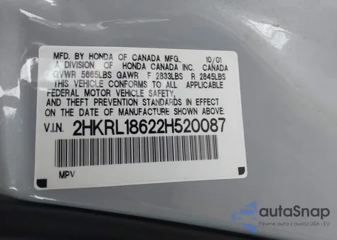 2002 Honda Odyssey Ex z USA, uszkodzony, nr VIN 2HKRL18622H520087